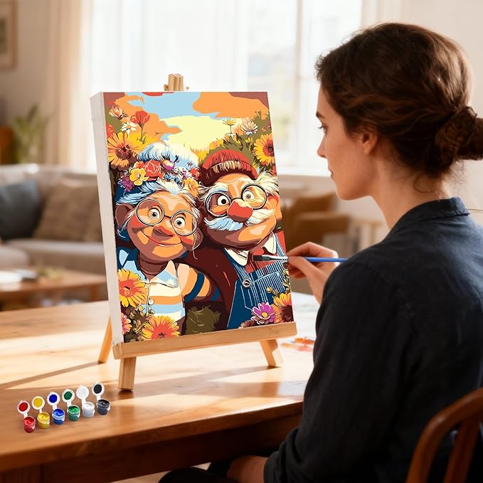 MXJSUA Elderly Couple Framed Paint by Numbers for Adults Beginners, Easy Adults' Paint-by-Number Kits on Canvas with Easel, Acrylic Number Painting Crafts Kits Gifts for Home Decor, 8x12inch