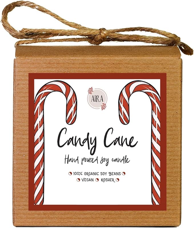 Aira Soy Christmas Candles - Organic, Kosher, Vegan, in Mason Jar w/Essential Oil Blends - Hand-Poured 100% Soy Candle Wax - Paraffin Free, Burns 60+ Hours - Peppermint Candy Cane - 8 Ounces