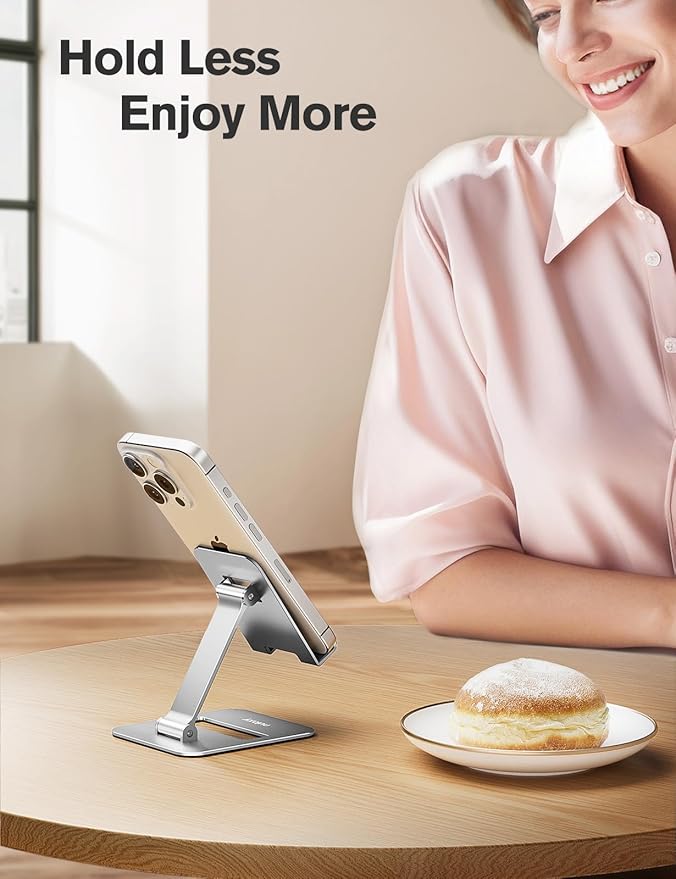 Nulaxy 2 Pack Dual Folding Cell Phone Stand, Fully Adjustable Phone Holder for Desk, Compatible with iPhone 16 15 14 13 12 11, Nintendo Switch, All Phones, Silver