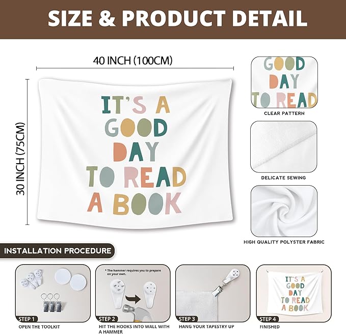 XLDLIOO Boho Classroom Wall Tapestry, It's a Good Day to Read Books Wall Tapestry Hanging for Library, Boho Tapestries Decor Art for Reading Room Corner Nook Classroom 40x30in