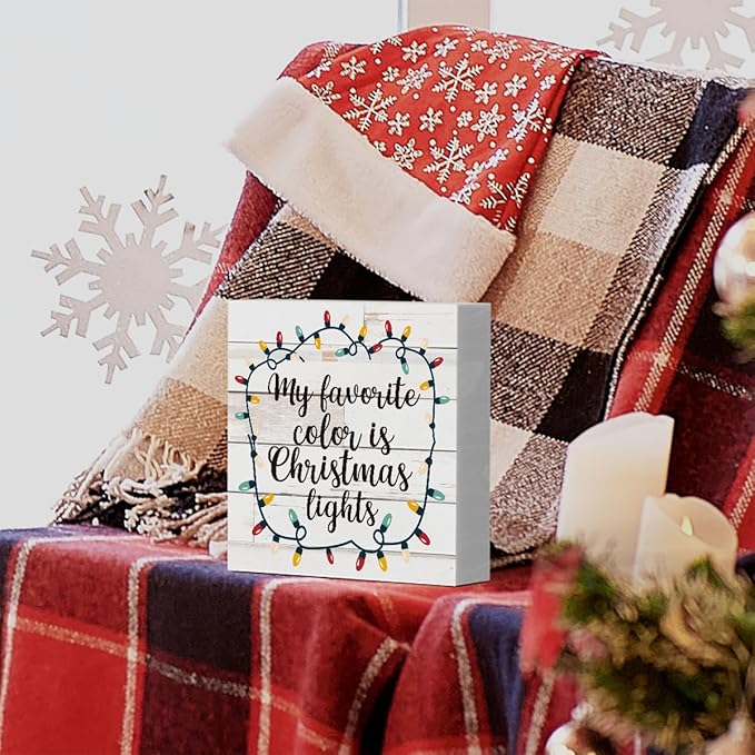 Rustic My Favorite Color is Christmas Lights Wood Box Sign, Farmhouse Christmas Santa Artwork Decor, Wood Square Sign Desk Block Signs Home Shelf Office Decoration 5 x 5 Inches