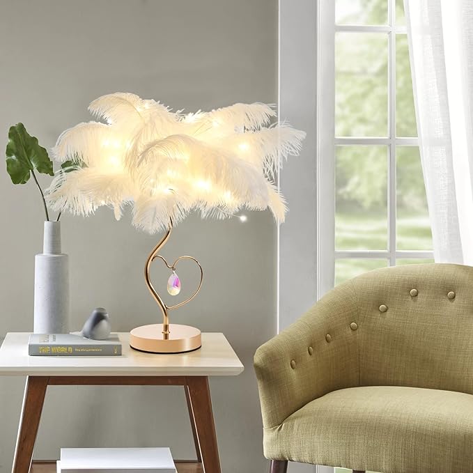 White Ostrich Feather Lamp Princess Fluffy Bedside Lamp Romantic Feather Table Lamp Nightstand Light for Girl Bedroom Wedding Decor Valentine Dating Living Room Hotel Office