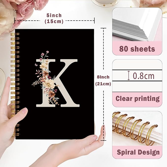 Lacama Cute Initial Letter K School Notebook Journal, Aesthetic Wildflower Personalized Black Spiral Notebook, School Supplies, Customized Monogrammed Gifts, Birthday Gifts for Women, Office Supplies