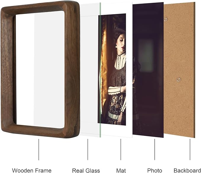 4x6 Picture Frame Natural Walnut Wood with Mat for 3.5x5, Original Natural Solid Wood 4 by 6 Photo Frames with Tempered Glass Cover for Wall and Tabletop Display