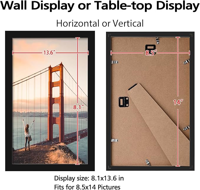 KINLINK 8.5x14 Picture Frame Black, Solid Wood Frames with Acrylic Plexiglass, Tabletop and Wall Display Photo Frame, Set of 4