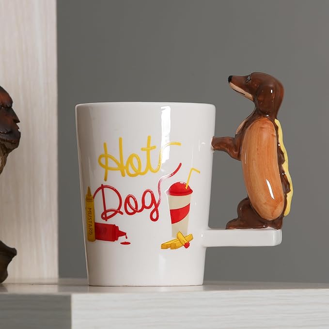 Ceramic Mug for Home & Office, Creative Porcelain 3D Animal Cup with Handle for Coffee, Tea, Juice, Milk & Water, 13.5 oz. Hotdog Dachshund Mug Gift, 5.1" H