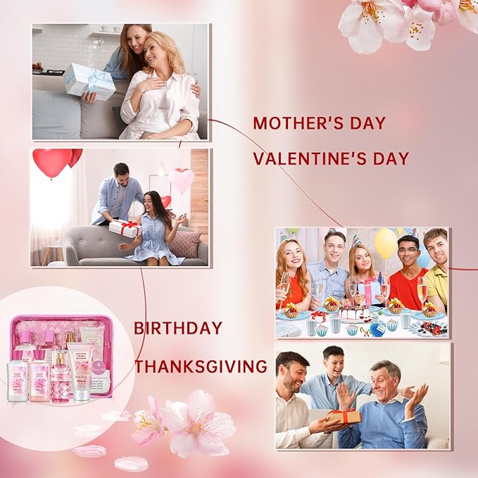 Bath and Body Gift Set for Women and Girls,Japanese Cherry Blossom,4PCS Set for-Shower Gel,Body Lotion,Body Mist,Exfoliating Scrub,Body Care Travel Set for Birthday Mother's Day Gifts