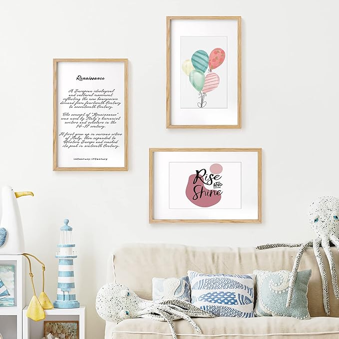 Fun Memories 11x17 Picture Frame, Solid Oak Wood 11"x17" Picture Frames, 11 x 17 Poster Frame for Wall, 11x17 Wood Photo Frame - 8x12 with Mat, Tempered Real Glass (Beige Oak Color, 1 Pack)