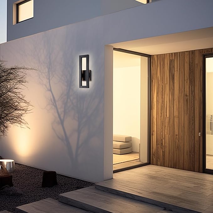 LamQee 14" Modern Outdoor Wall Lights 2 Packs, 3000K 1000LM LED Exterior Lighting Fixtures with Rectangle Frame, Matte Black Linear Outside Sconce Wall Mount for House Front Porch Patio Garage Door