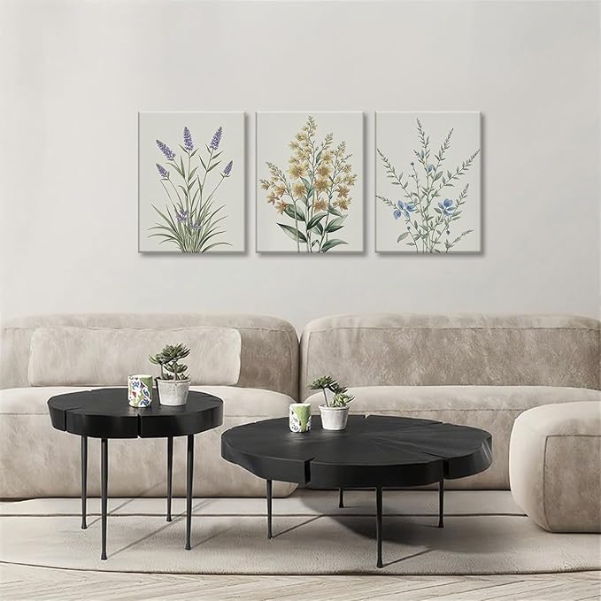 TUEASKY 3 Piece Framed Colorful Wildflower Wall Art Vintage Botanical Canvas Wall Decor Watercolor Floral Prints Poster for Living Room Bedroom Office 12x16in