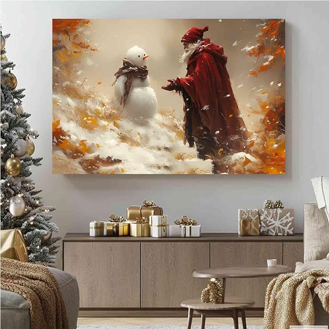 Vintage Christmas Canvas Painting Santa with Snowman Christmas Character Canvas Wall Art Holiday Winter Poster Indoor Decor for Home Offices Living Room Bedroom Dining Room farmhouse Holiday