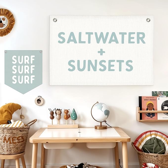 Lacama Beach Theme Wall Decor for Boys Room, Coastal Kids Playroom Nursery Hanging Sign, Saltwater + Sunsets Linen Canvas Banner, Rustic Nautical Surf, 30x20 Inch