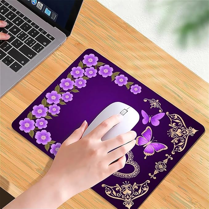 Square Mouse Pad Purple Butterfly, Personalized Premium-Textured Custom Mouse Mat Design, Washable Mousepad Cloth, Non-Slip Rubber Base Computer Mouse Pads for Wireless Mouse