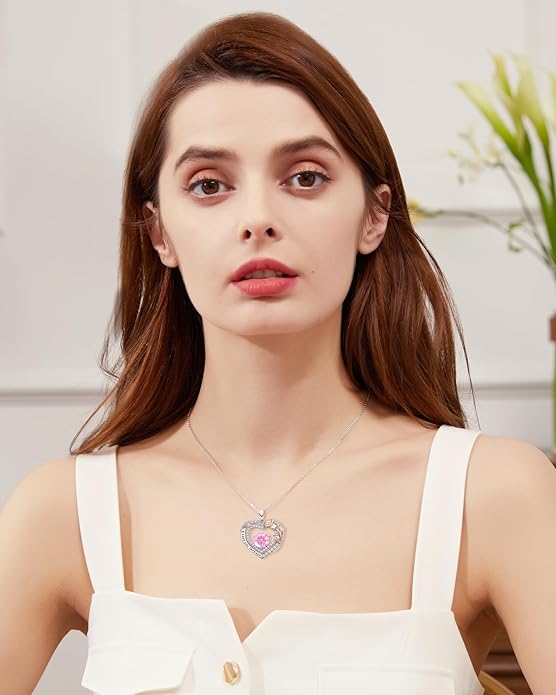 Women's Birthstone Necklace, Holiday Gift for Girlfriend, 925 Sterling Silver Heart Rose Necklace, Anniversary Birthday Gift for Wife, Daughter