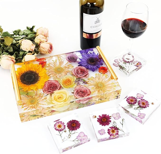 Resin Tray Molds Silicone - 13.5" Large Deep Rectangle Molds for Resin with 4pcs Coasters and Flowers Preservation Epoxy Art Making