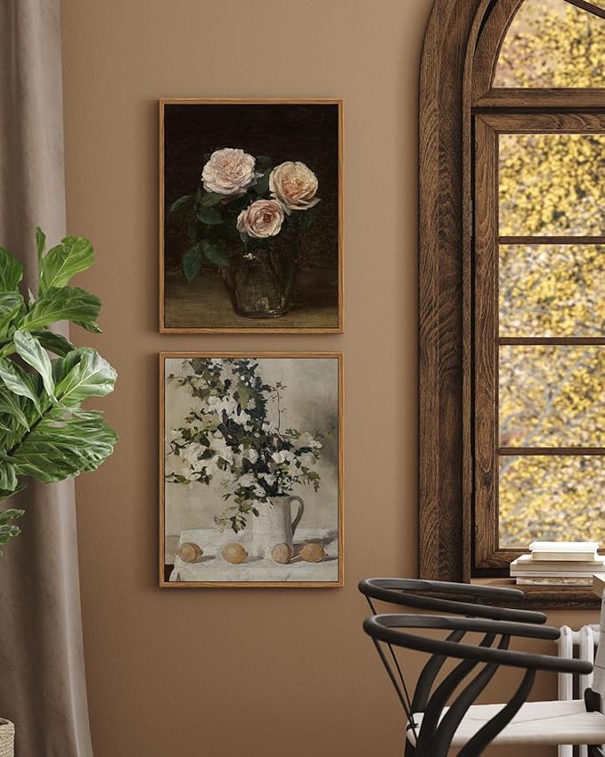 VIYYIEA Vintage Wall Art Kitchen Decor, Flowers and Lemons Pictures Painting Botanical Decor, Framed Canvas Prints Art, Farmhouse Decorations for Dining Room Bathroom, 11"x14"