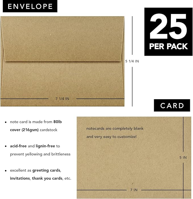 A7 Blank Grocer Brown Kraft Note Cards & Envelopes – Thick Flat Cards for Wedding and Birthday Invitations, Holiday Greetings, Postcards, All Occasions | 25 per Pack | NOT A Fold Over Card
