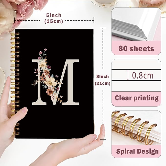 Lacama Cute Initial Letter M School Notebook Journal, Aesthetic Wildflower Personalized Black Spiral Notebook, School Supplies, Customized Monogrammed Gifts, Birthday Gifts for Women, Office Supplies