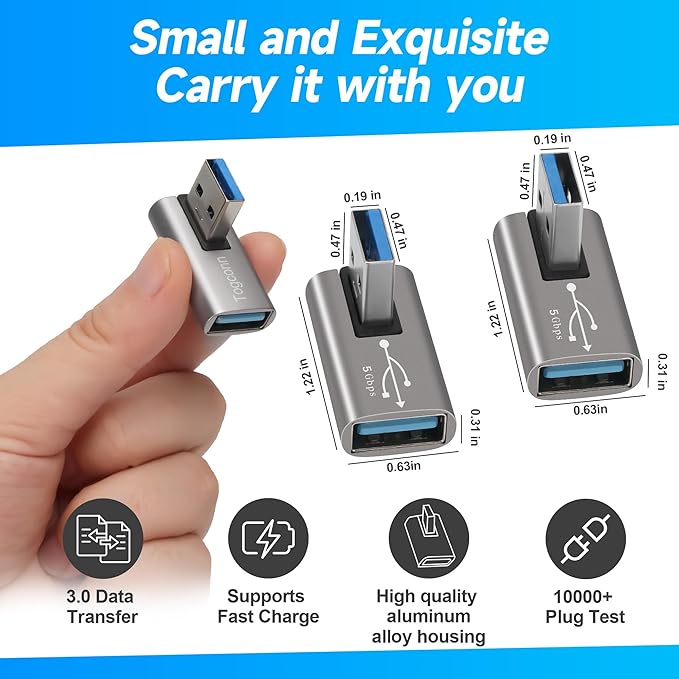 90 Degree USB 3.0 Adapter 2 Pack, Middle (Left and Right) Angle USB-A Male to Female Connector USB L Shape Extender, Support Charge & Data Sync for PC, Laptop, Mouse, Keyboard, USB A Car Charger