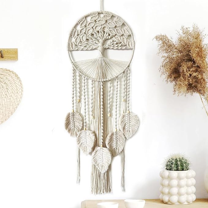Large Tree of Life Dream Catchers, Macrame Wall Hanging Boho Handmade Woven Dream Catcher Macrame Wall Decor Art for Adults Boys Girls Bedroom Wedding Party Decor, Festival Blessing Gift(Light Beige)