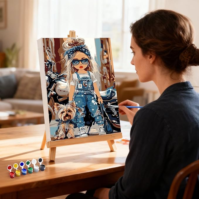 MXJSUA Motorcycle AMD Dog Framed Paint by Numbers for Adults Beginners, Easy Adults' Paint-by-Number Kits on Canvas with Easel, Acrylic Number Painting Crafts Kits Gifts for Home Decor, 8x12inch