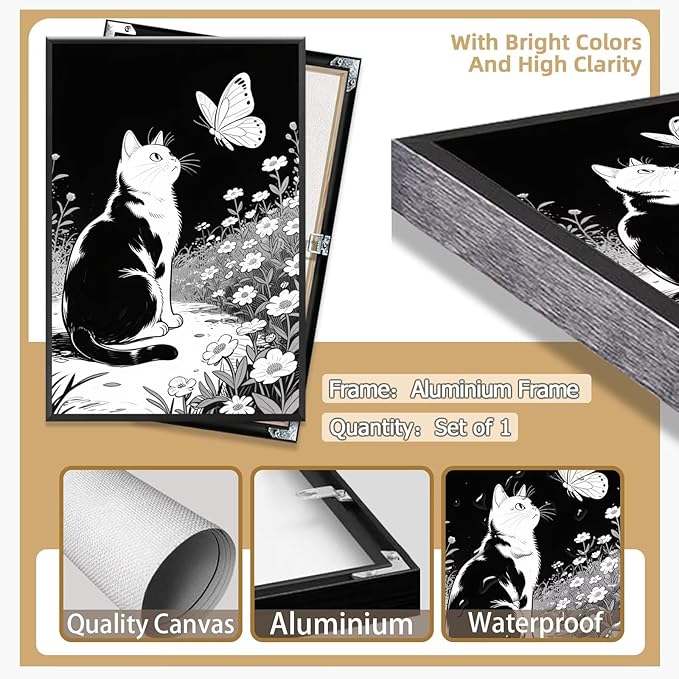 Cats Butterflies in Flowers Canvas Poster Vintage Minimalist Nature Wall Art Trendy Black White Aesthetic Painting Prints Modern Animal Home Decor for Bedroom Living Room 24x36inch Metal Black Framed