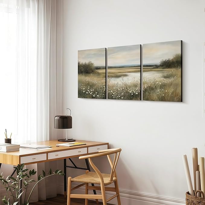 3 Pcs Framed Vintage Wildflower Canvas Wall Art Rustic River Pond Decor Landscape Botanical Print Posters Farmhouse Nature Scenery Pictures for Living Room Bedroom Kitchen 12x16 inch Ready to Hang