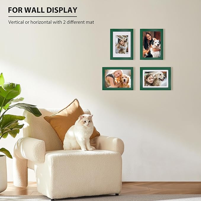 KINLINK 5x7 Picture Frame Green, Solid Wood Frames with Acrylic Plexiglass for 3.5x5/4x6 with Mat or 5x7 without Mat, Tabletop and Wall Display Photo Frame, Set of 4