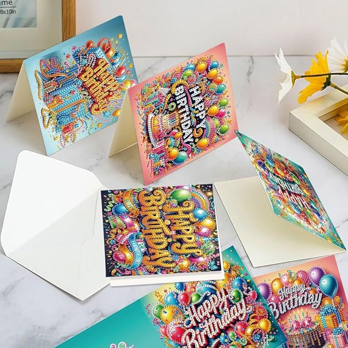 6-Pack Wishes & Blooms Bouquet Diamond Painting Greeting Card Kits, Special Shaped Diamonds Painting, DIY Handcraft for Relatives and Friends with Wishes,Unique Design Crafting for Birthday Cards