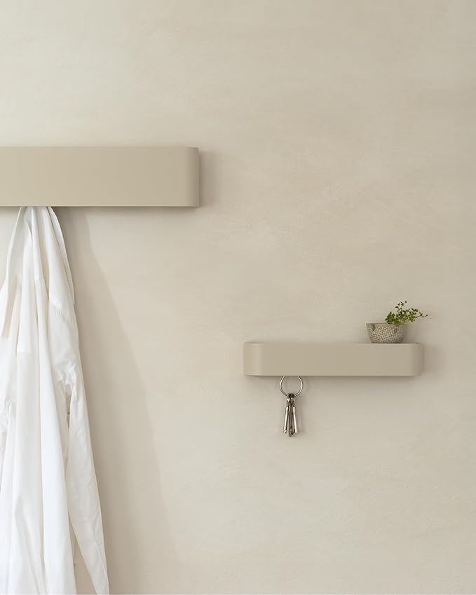 Kazai.ยฎ๏ธ Coat Rack Wall Mount with Shelf 'Tone' | Modern Design Coat Hanger with Hidden Hooks and Storage | Hat Rack with Shelf in Metal | Wall-Mounted Purse Organizer | Taupe
