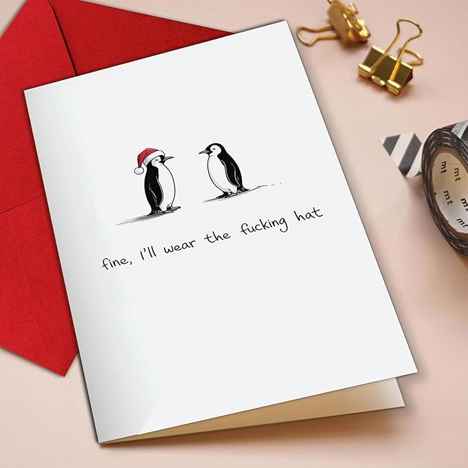 (5.3x8in) Fine I’ll Wear the Hat Funny Penguin Christmas Card with Envelope, Hilarious Adult Holiday Greeting with Swearing Humor, Sarcastic Xmas Card for Friends, Coworkers, Couples (Xmas 36)