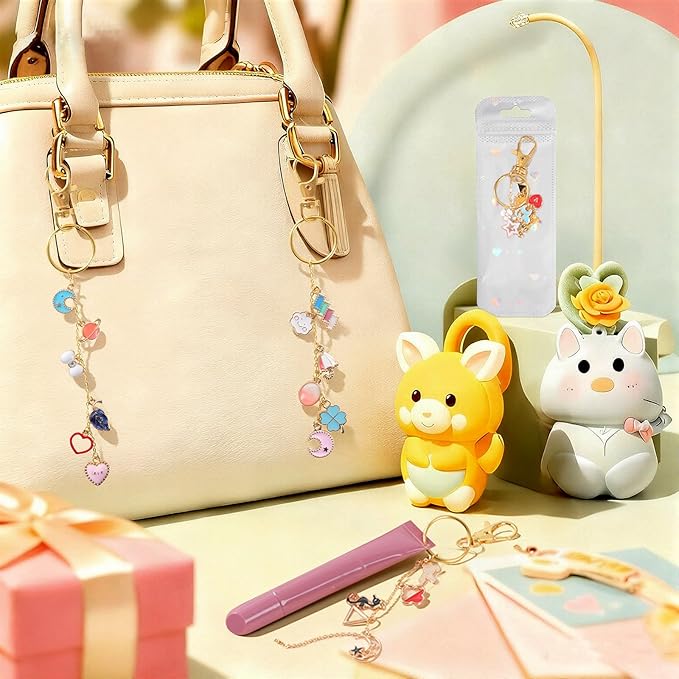 Sileasncei 358Pcs Charms Lip Gloss Keychain Making Kit, DIY Bag Charm Kit with Enamel Charms, Chains, Jewelry Pliers, Hole Punch & Gift Bags, Keychain Making Supplies for Custom Keychains Gifts