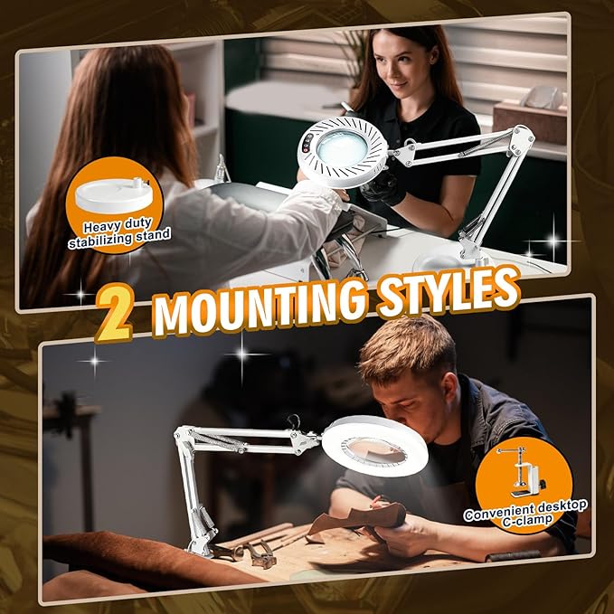 12X Magnifying Glass with Light and Stand, 144 LEDs Brightest Desktop Magnifying Lamp, 10 Dimmable Brightness 5 Color Modes, Hands Free Metal Desk Lamp for Craft Reading Painting (White)