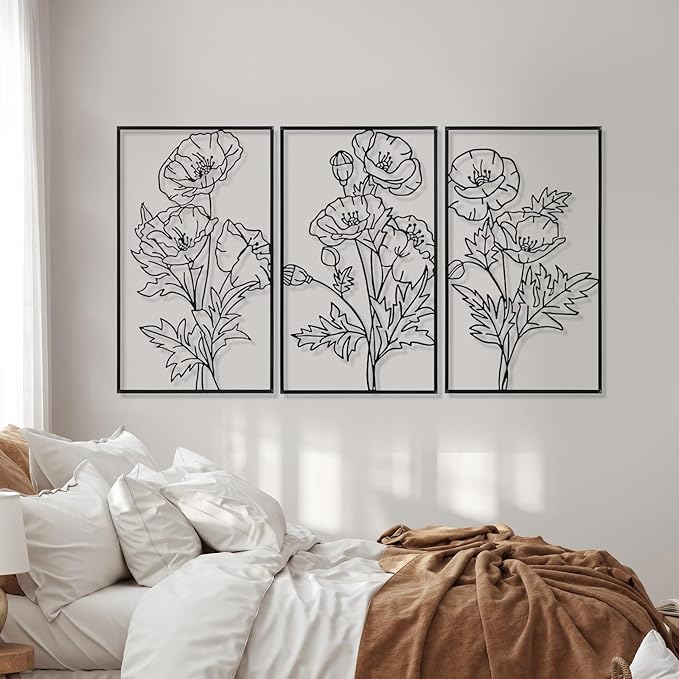 Therwen 3 Pcs Black Metal Wall Art Minimalist Wall Decor for Bedroom Flowers Decor Hanging Flower Bathroom Art Flower Line Sculpture Kitchen Decoration 16.5 x 9.8 Inch