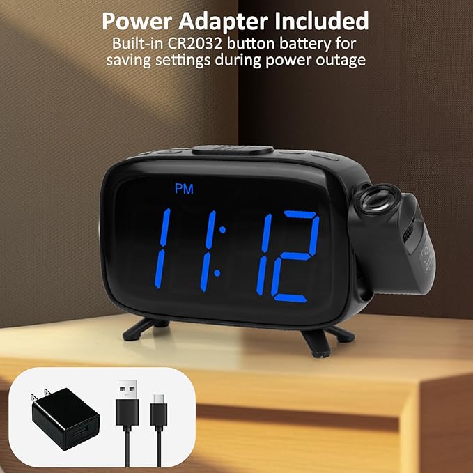 Digital Projection Alarm Clocks for Bedrooms - Large LED Display, 180° Rotatable Projector, 2-Level Dimmer,USB Charger,Battery Backup,Loud Dual Alarms for Kids Elderly,Heavy Sleepers,Snooze,12/24H,DST