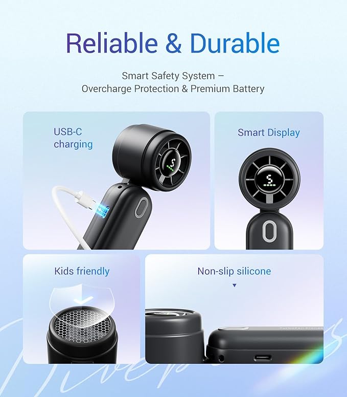Diveblues iTurbo Portable Handheld Turbo Fan, 5 Gear High Speeds, Foldable Rechargeable Mini Hand Fans, Led Display,Powerful Turbo Airflow, 12-Hrs Cooling Small Fan Travel Essentials Beach Women Gifts