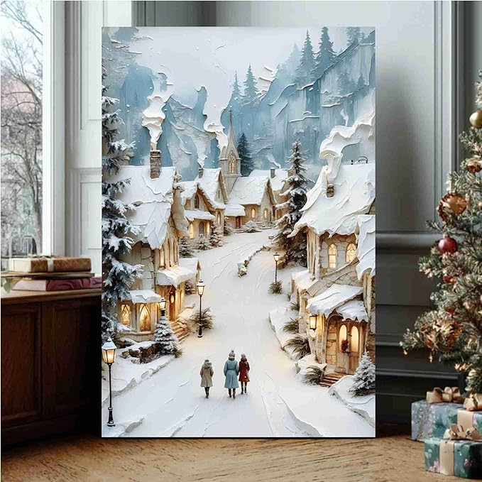 Christmas Winter Painting Snowy Village Street Festive Landscape Print Holiday Church Wall Decor Winter Cottagecore Canvas Painting Indoor Decor for Living Room Bedroom Office Framed Ready to Hang