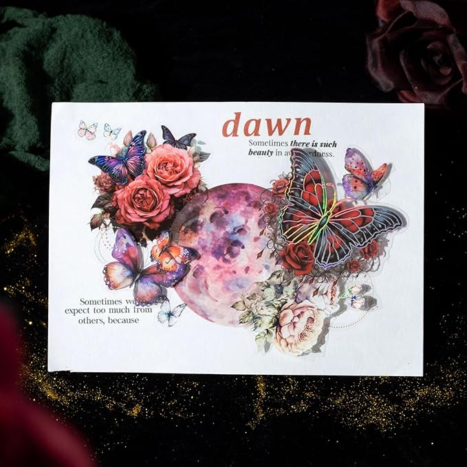 Yoksas 60Pcs Vintage Gothic Holographic Shiny Butterfly Flower Stickers - Clear Waterproof Dark Spooky Butterfly Stickers for Scrapbooking,Junk Journals,Witchcraft Supplies