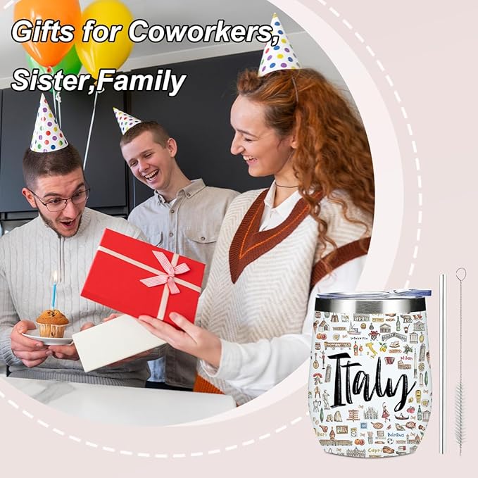 Italy Gifts Italian Travel Souvenir Wine Tumbler 12 oz Insulated Wine Glass Cup with Lid Straw Vacuum Insulated Cup,Travel Lover Gifts for Women Friend Men Christmas Halloween Birthday