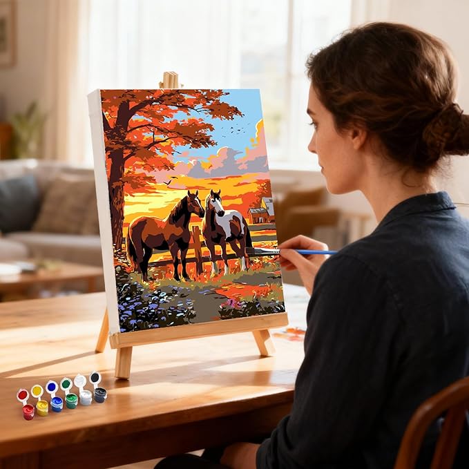 MXJSUA Two Horses Framed Paint by Numbers for Adults Beginners, Easy Adults' Paint-by-Number Kits on Canvas with Easel, Animal Acrylic Number Painting Crafts Kits Gifts for Home Decor, 8x12inch