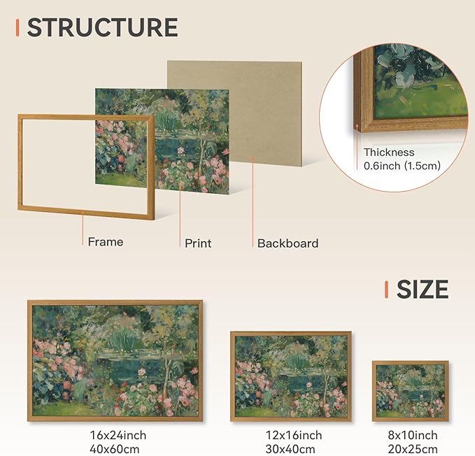 CAZLOUC Vintage Floral Wall Art, Rose Garden Pond Still Life Wall Decor, Retro Romantic Flower Poster Print, Impressionist Botanical Landscape Painting for Bedroom Office Wood Framed 12x16 Inch