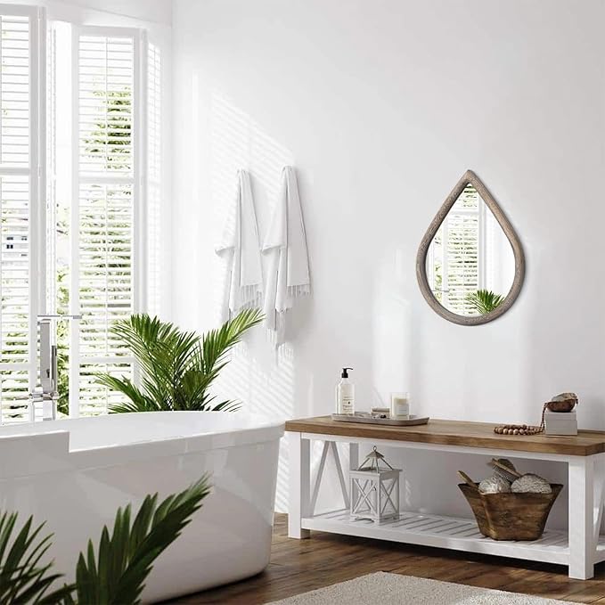 Small Mirror for Wall Solid Wood Bathroom Mirror Farmhouse Teardrop Wall Hanging Mirrors Decorative for Entryway Hallway Living Room Bedroom Retro Brown
