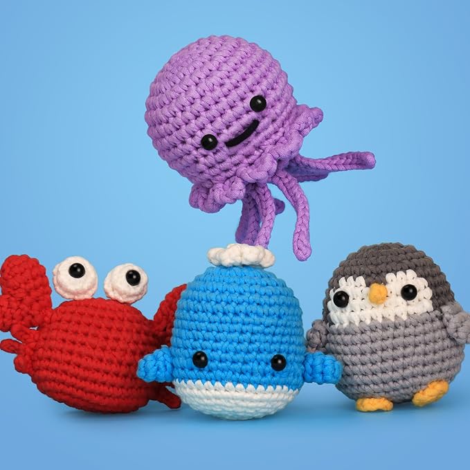 Crochet Kit for Beginners Kids - Beginner Crochet Kit for Adults Kids Amigurumi Crochet Animal Kits Easy Learn to Crochet Kit with Step-by-Step Tutorials Gift for Girl Women Kid - Ocean Friends