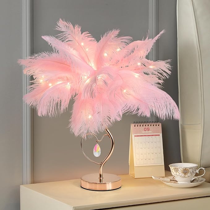 Pink Ostrich Feather Lamp Creative Furry Bedside Lamp Romantic Feather Table Lamp Fluffy Nightstand Light for Girl Bedroom Wedding Decor Valentines Dating Livingroom Hotel Office Christmas