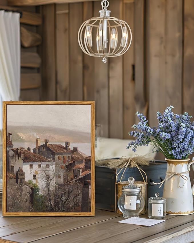 VIYYIEA Vintage Framed Canvas Wall Art, European Towns Landscapes Art, Living Room Hallway Bedroom Library Rustic Retro Neutral Decor, Small Antique Country Town Picture Paintings,8x10 Inch
