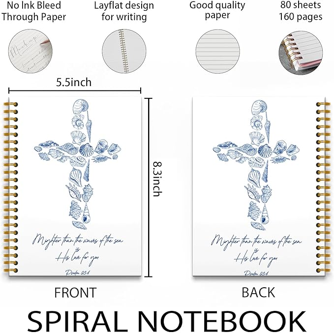 Retro Blue Seashell Cross Christian Notebook, Psalm 93:4 Bible Verse Journal, Prayer Journal for Women Men, Church Notes Notebook, Beach Ocean Hardcover Spiral Notebooks, 5.5x8.3 Inch