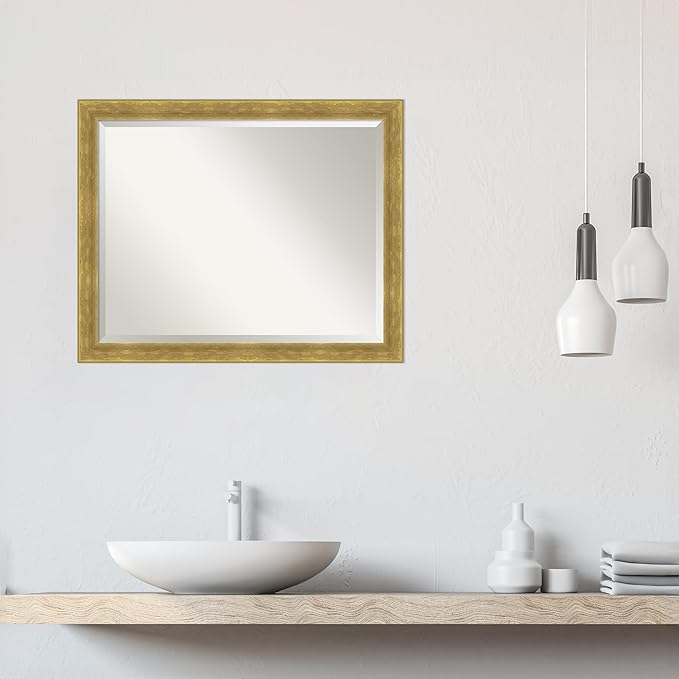 Amanti Art Gold Wall Mirror 25x31 Angled Gold Rectangle Bathroom Mirror for Wall Decor Living Room, Large Modern Wood Frame, Hangs Horizonally and Vertically, Bathroom Decor, Beveled Edge