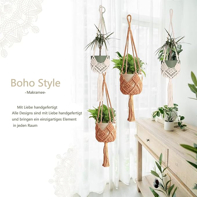 Macrame Plant Hangers 2 Pack, 35 Inch Indoor Outdoor Hanging Planter Basket with Wood Beads - No Tassels Flower Pot Holder for Boho Home Decor (Ivory/Coffee)