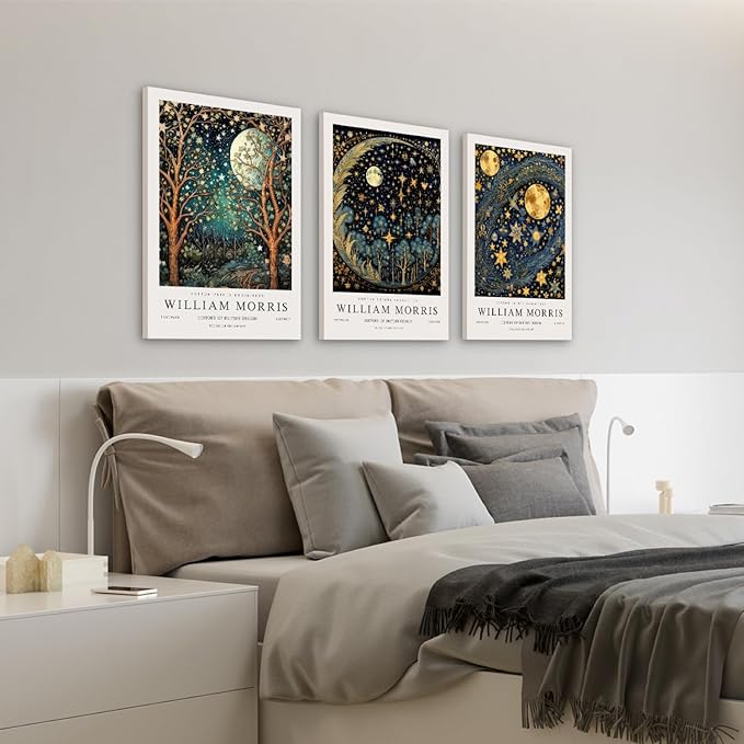 Hianan William Morris Framed Canvas Wall Art, Vintage Gold Moon Stars Poster Prints, Many Dreamlike Stars Wall Decor, Retro Botanical Aesthetic Picture for Bedroom Living Room Office 12"x16"x3