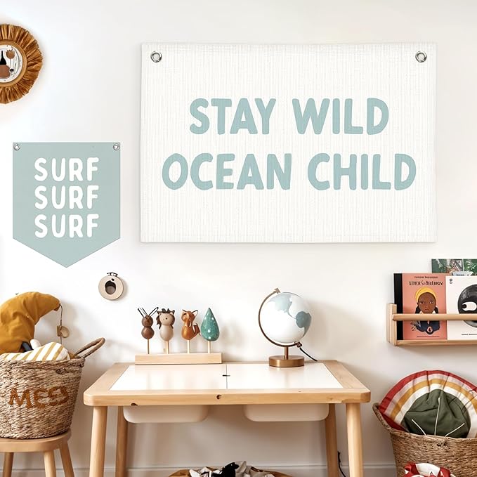 Lacama Beach Theme Wall Decor for Boys Room, Coastal Kids Playroom Nursery Hanging Sign, Stay Wild Ocean Child Linen Canvas Banner, Rustic Nautical Surf, 30x20 Inch